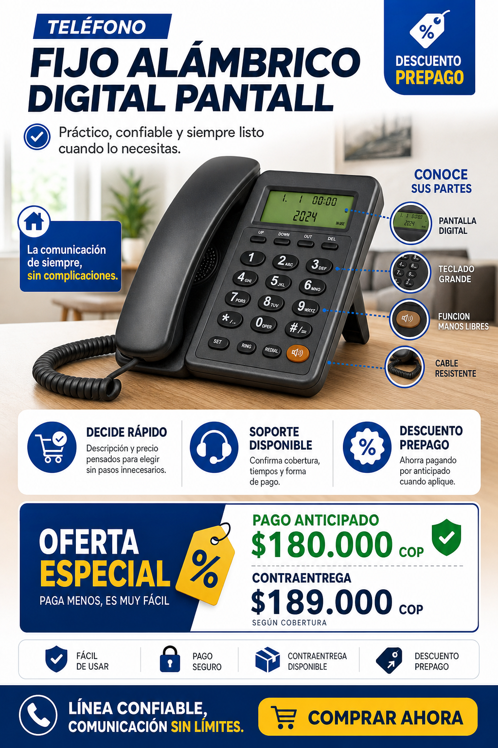 Telefono Fijo Alambrico Digital Pantall