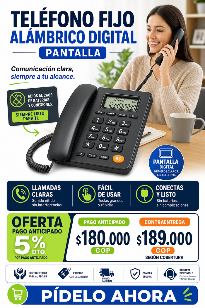 Telefono Fijo Alambrico Digital Pantall 3