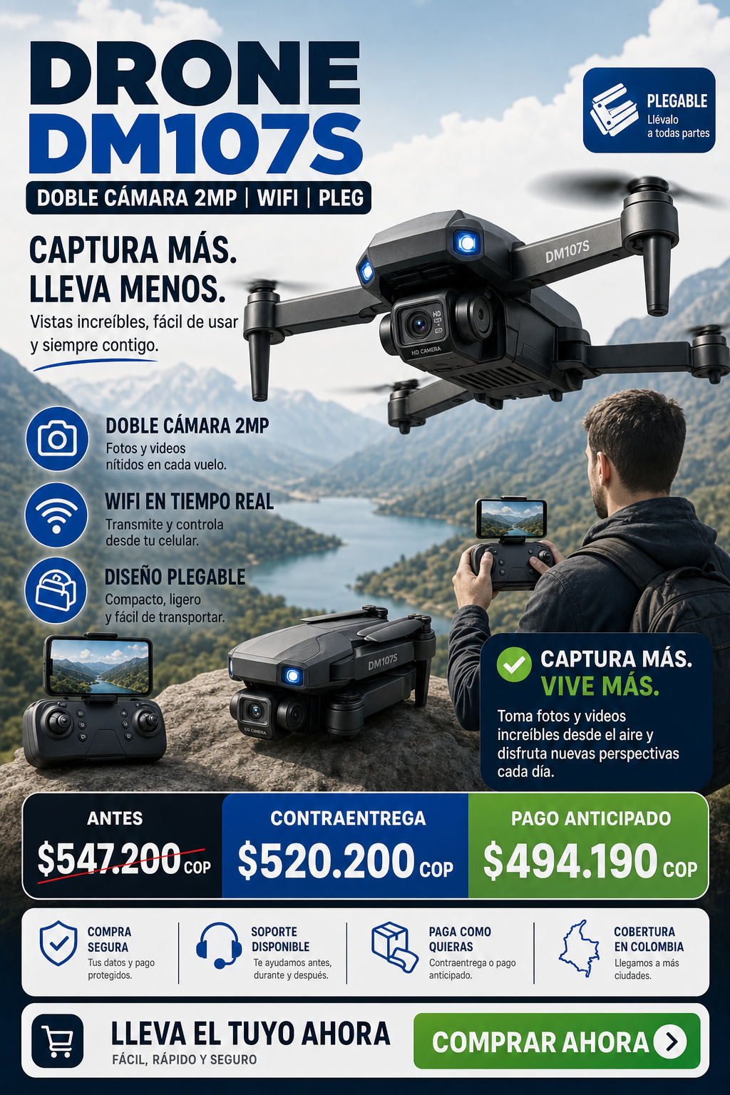 Drone Dm107s Doble Cámara 2mp Wifi Pleg