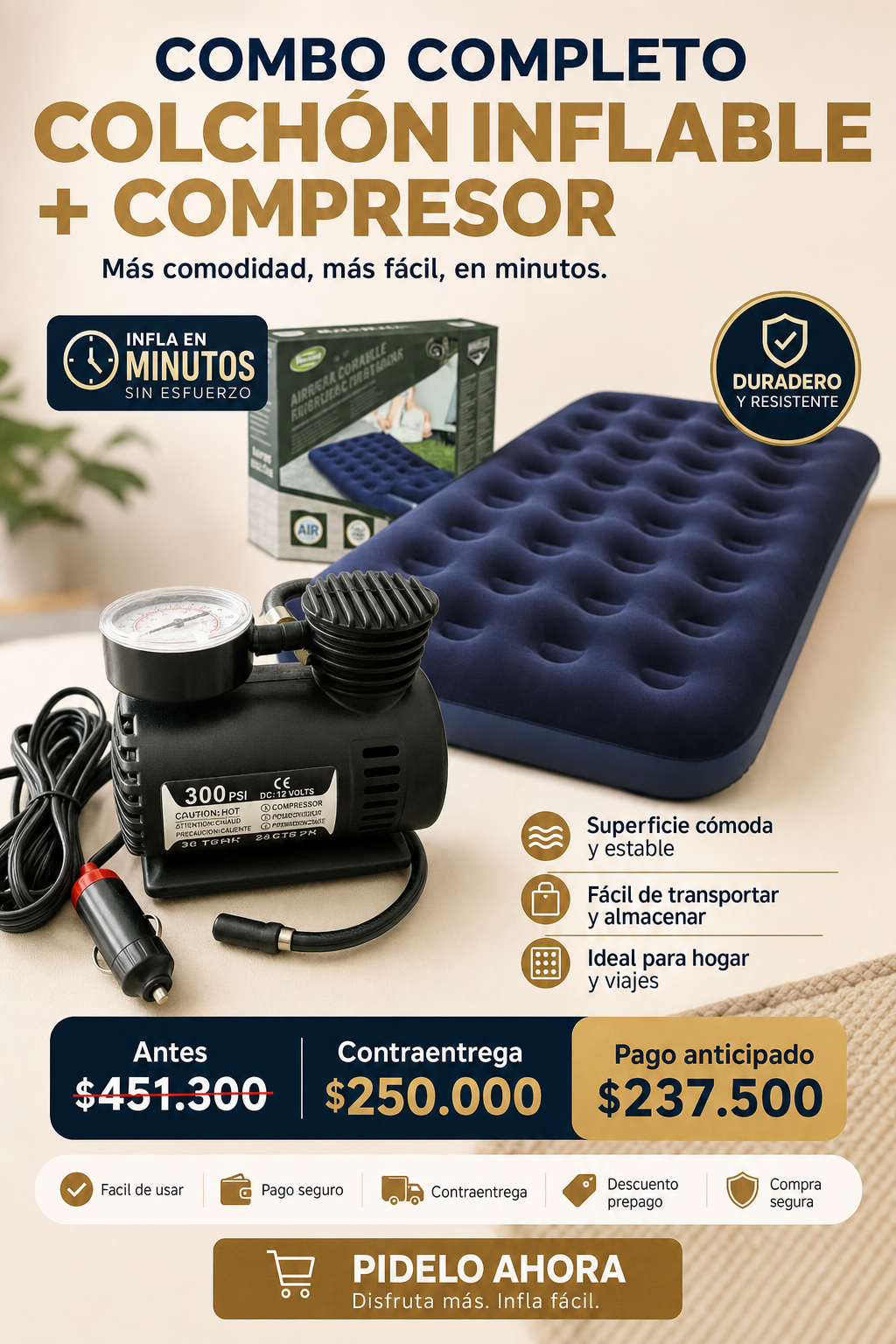 combo compresor+colchon inflable