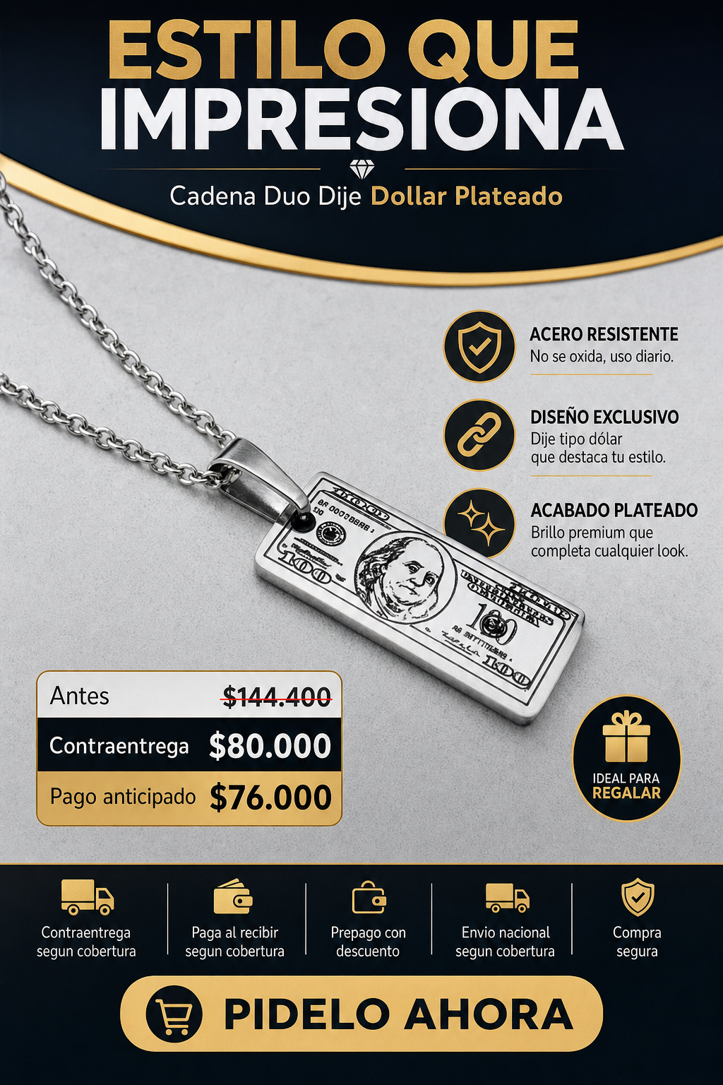 Cadena Duo Dije Dollar Plateado